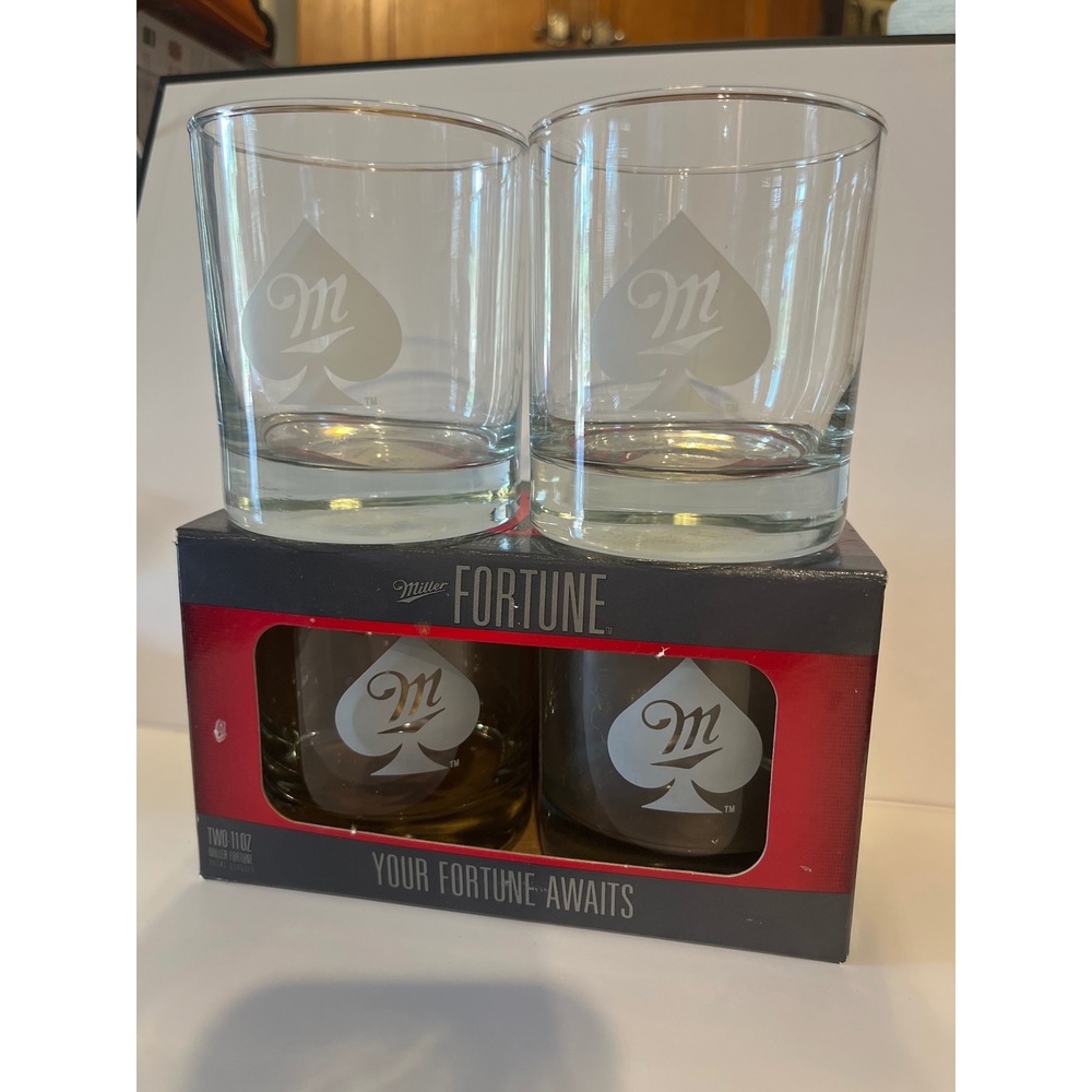 Miller Fortune 11oz Glasses set ‎ Set Boelter Brands Etched Spade Logo set of 5